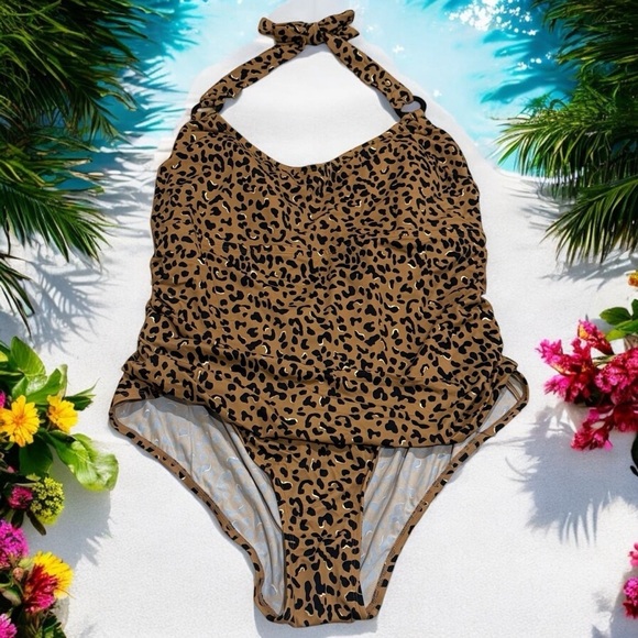 NEW Avenue Tan Black Gold Cheetah Print Halter Deep Back One Piece Size 26W - Picture 1 of 10